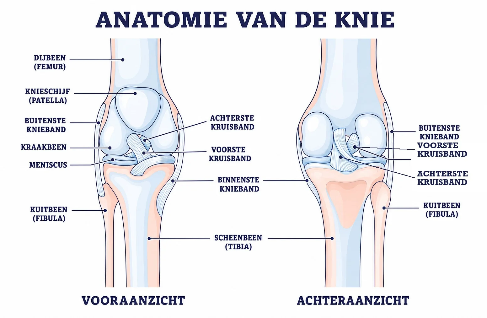 Anatomie van de knie in voor- en achteraanzicht met dijbeen, knieschijf, meniscus, kruisbanden en kniebanden