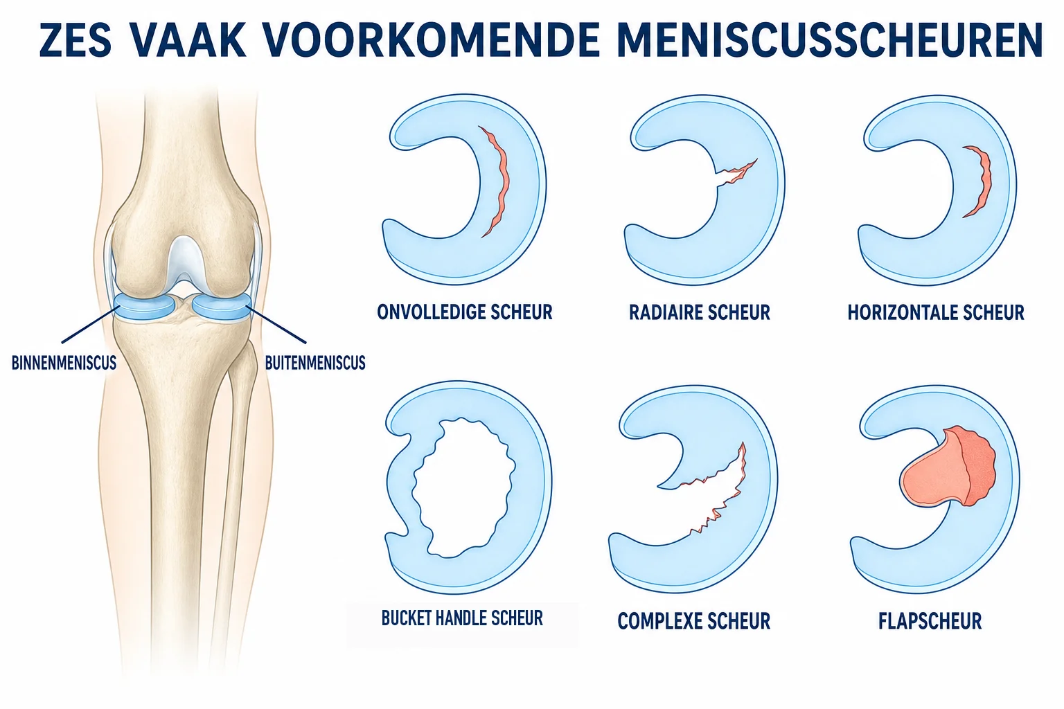 Overzicht van zes veelvoorkomende typen scheuren in de meniscus