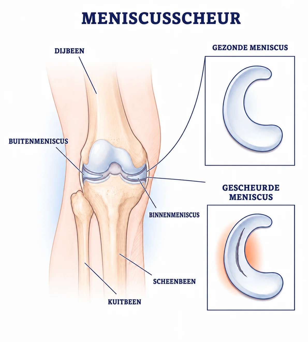 Anatomische illustratie met vergroting van een scheur in de meniscus van de knie