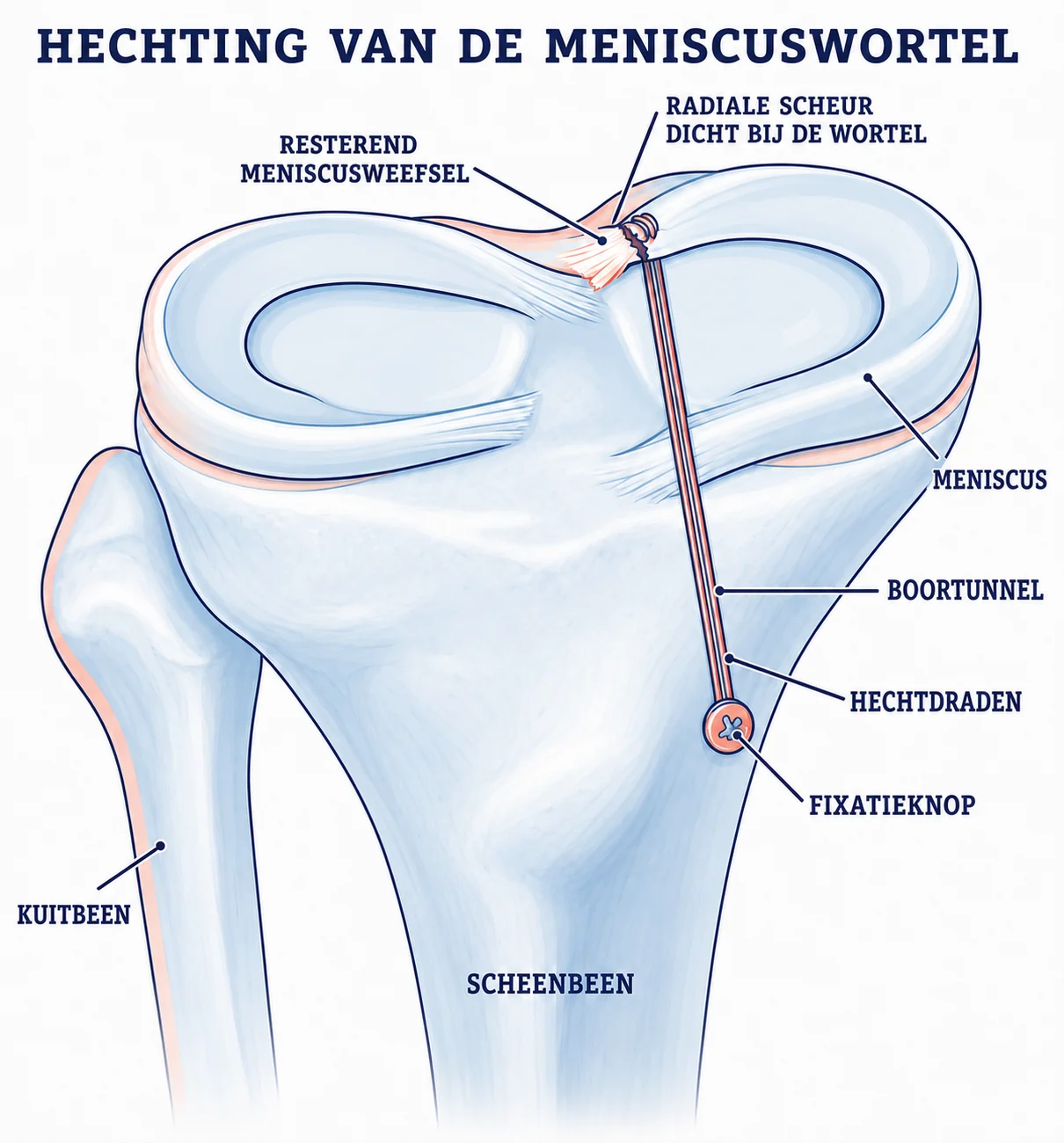 Illustratie van herstel van de achterste meniscuswortel met hechtdraden door het scheenbeen