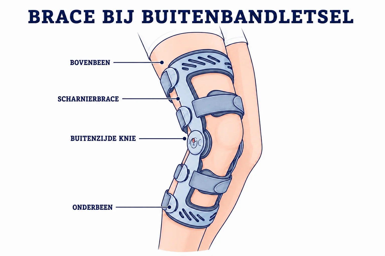 Illustratie van een scharnierbrace voor de behandeling van een letsel van de buitenband