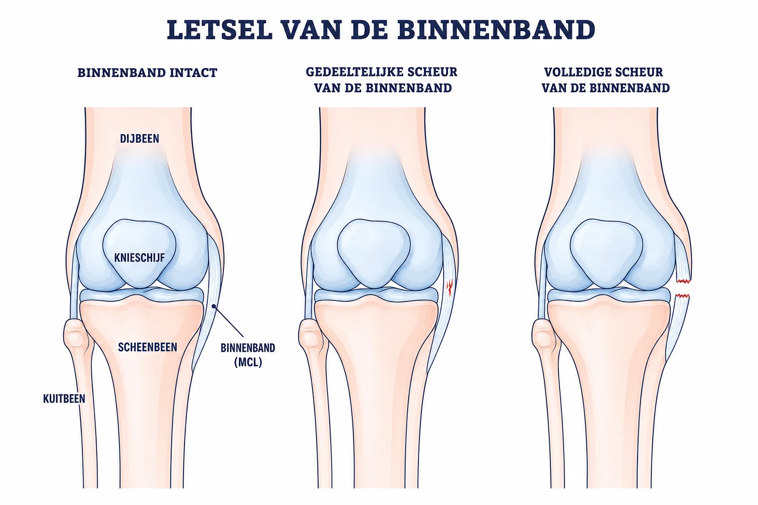 Vergelijking van een intacte binnenband met een gedeeltelijke en volledige scheur