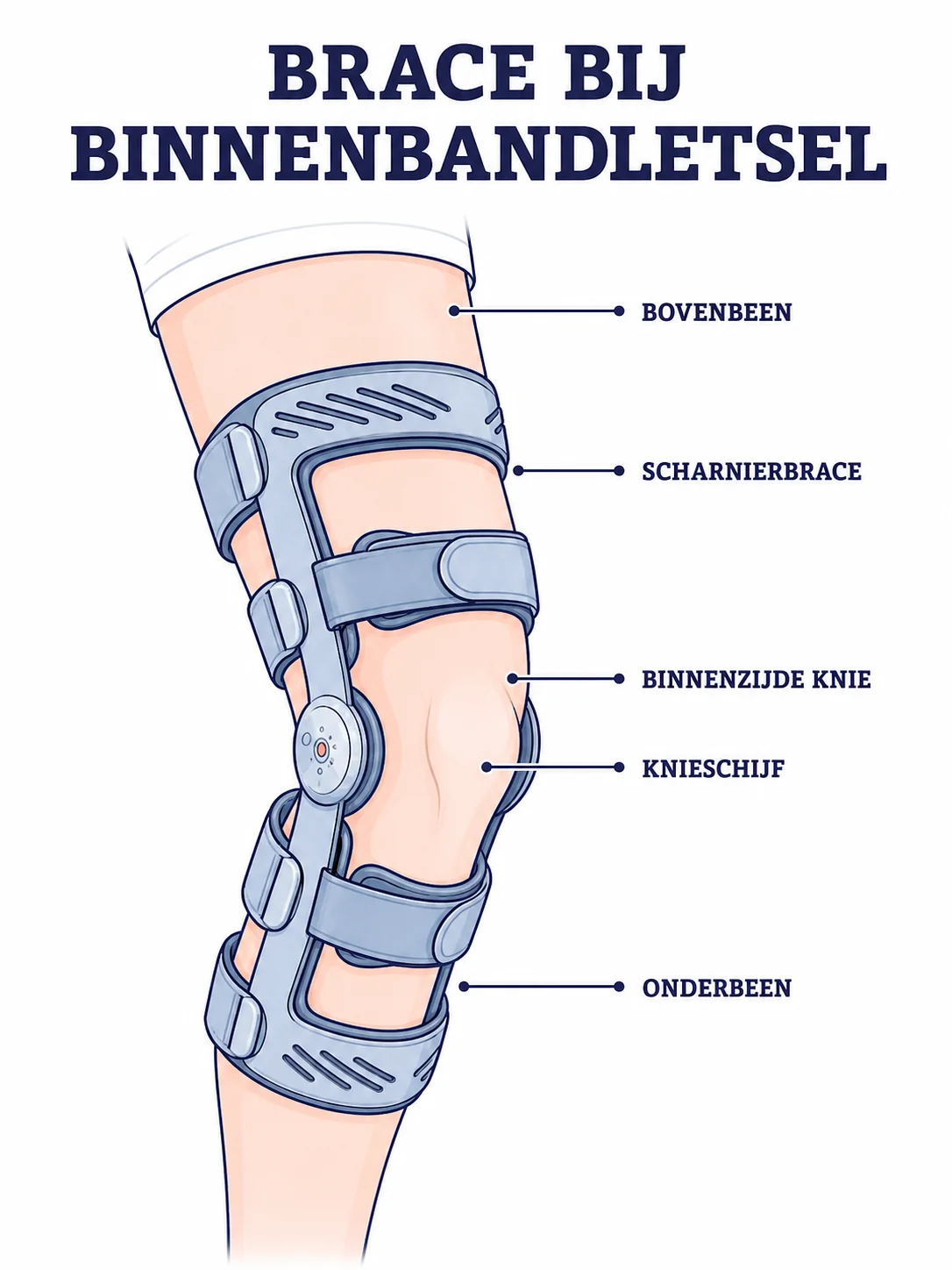 Illustratie van een scharnierbrace voor de behandeling van een letsel van de binnenband