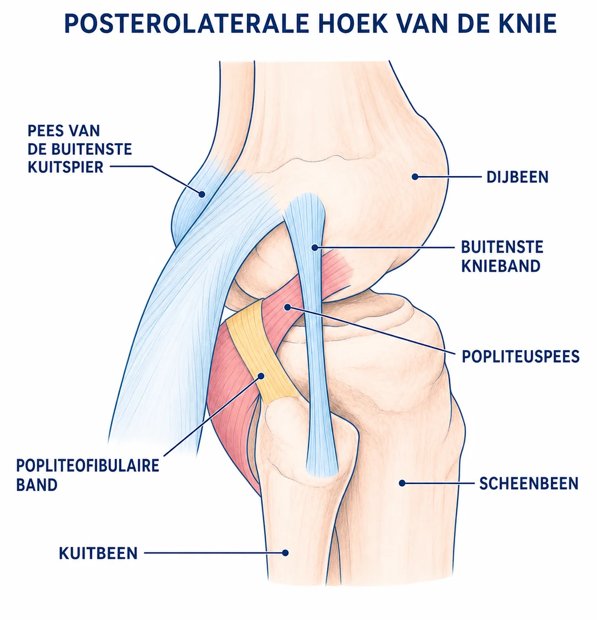Illustratie van beschadigde banden en pezen in de achter-buitenhoek van de knie