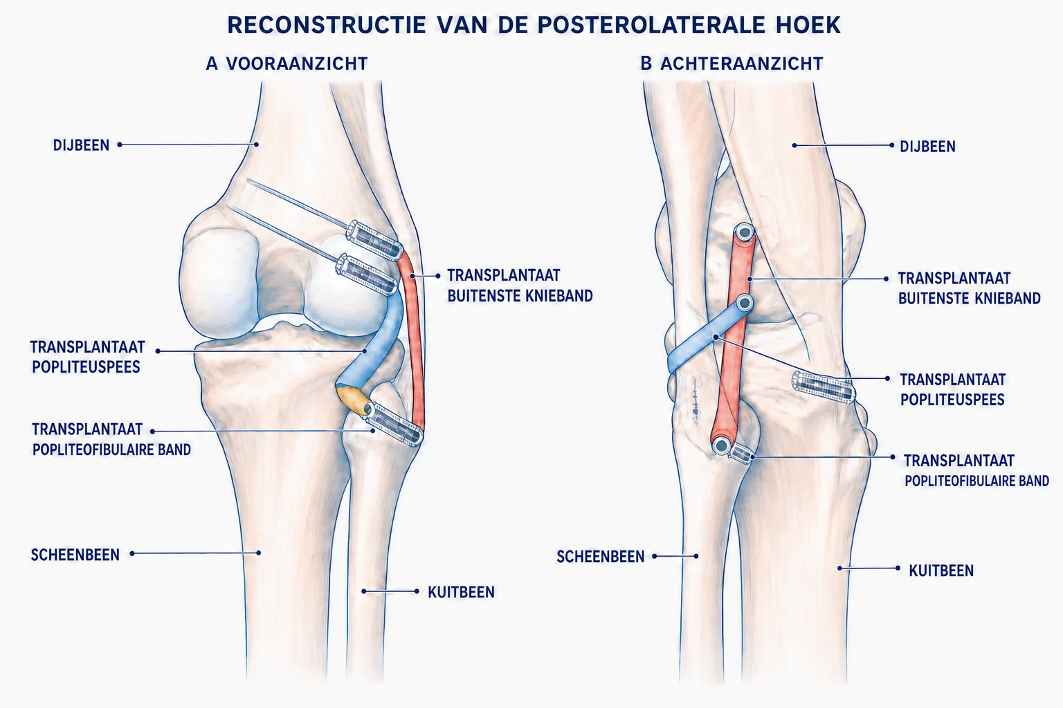 Illustratie van reconstructie van de buitenband en popliteuspees aan de posterolaterale knie