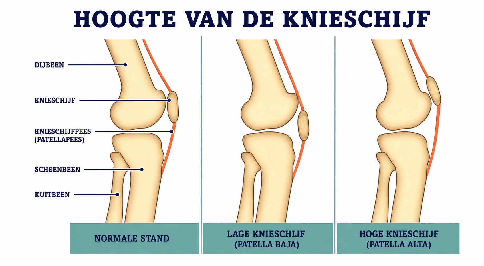 Vergelijking van een lage normale en hoge stand van de knieschijf