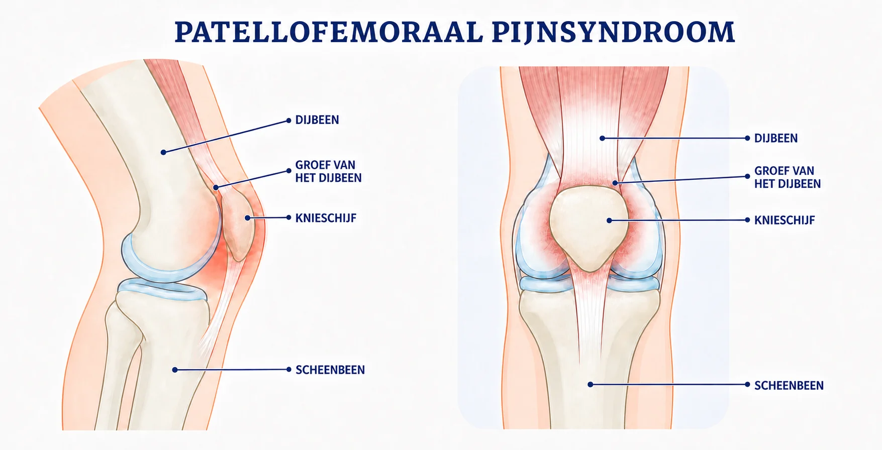 Illustratie van de pijnlijke zone rond en achter de knieschijf bij patellofemoraal pijnsyndroom