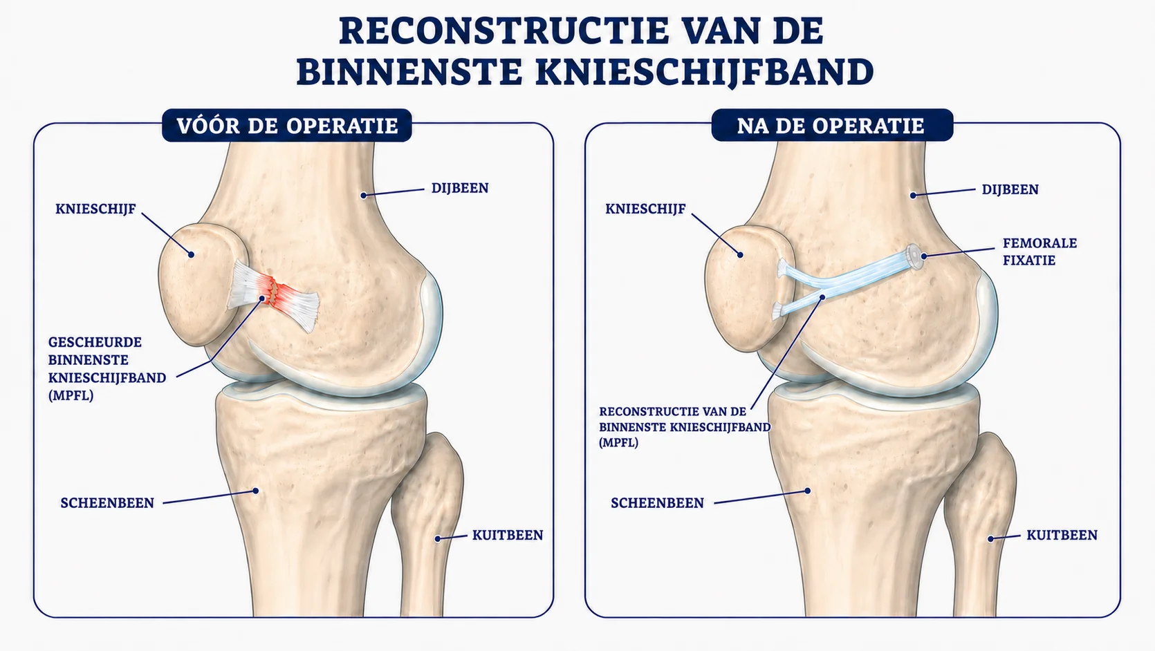 Illustratie van reconstructie van de binnenste steunband tussen knieschijf en dijbeen