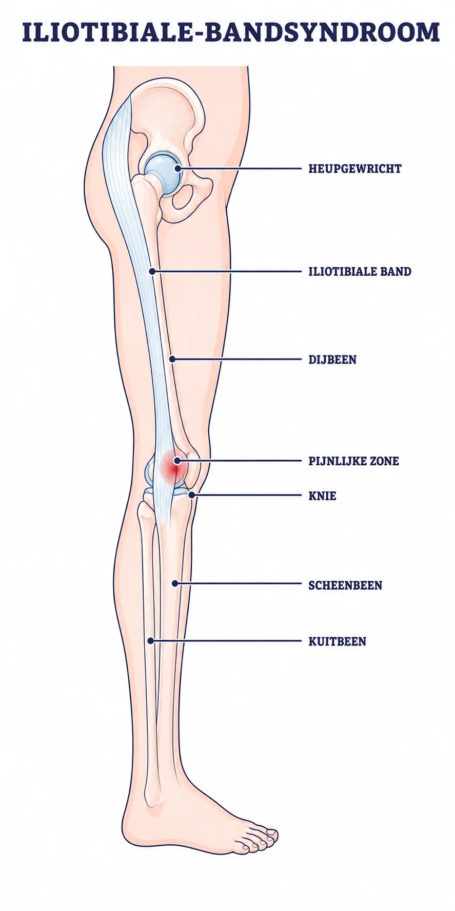 Illustratie van de iliotibiale band en de pijnlijke zone aan de buitenzijde van de knie
