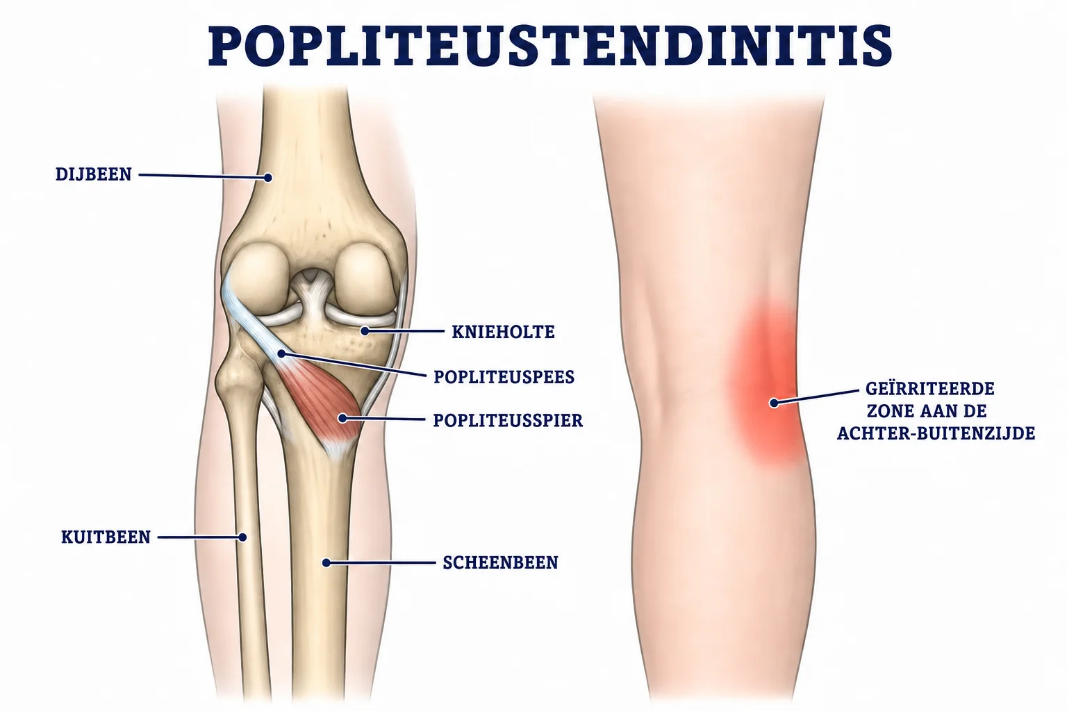 Achteraanzicht van de knie met de geïrriteerde popliteuspees aan de buitenzijde