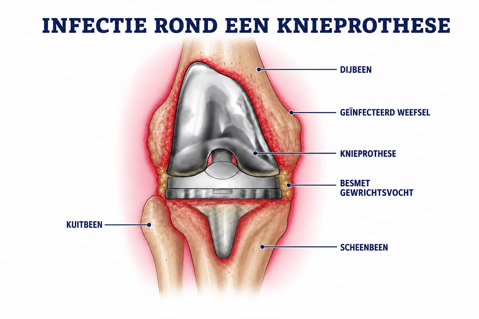 Illustratie van geïnfecteerd weefsel en besmet gewrichtsvocht rond een knieprothese