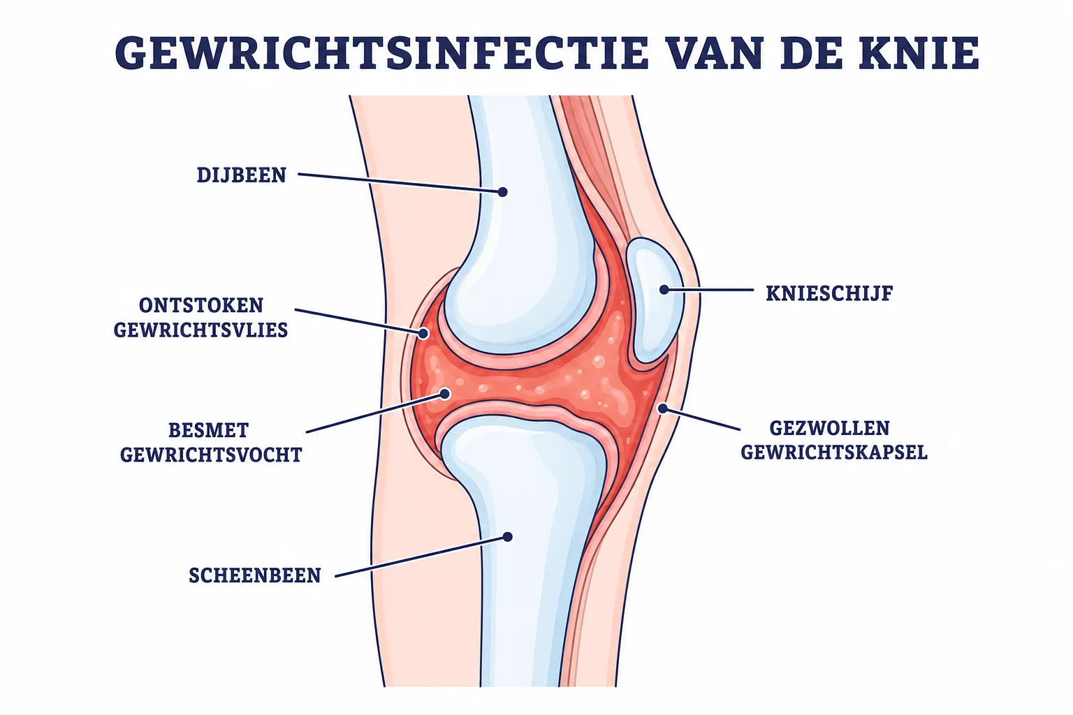 Illustratie van ontstoken gewrichtsvlies en besmet gewrichtsvocht bij een knie-infectie