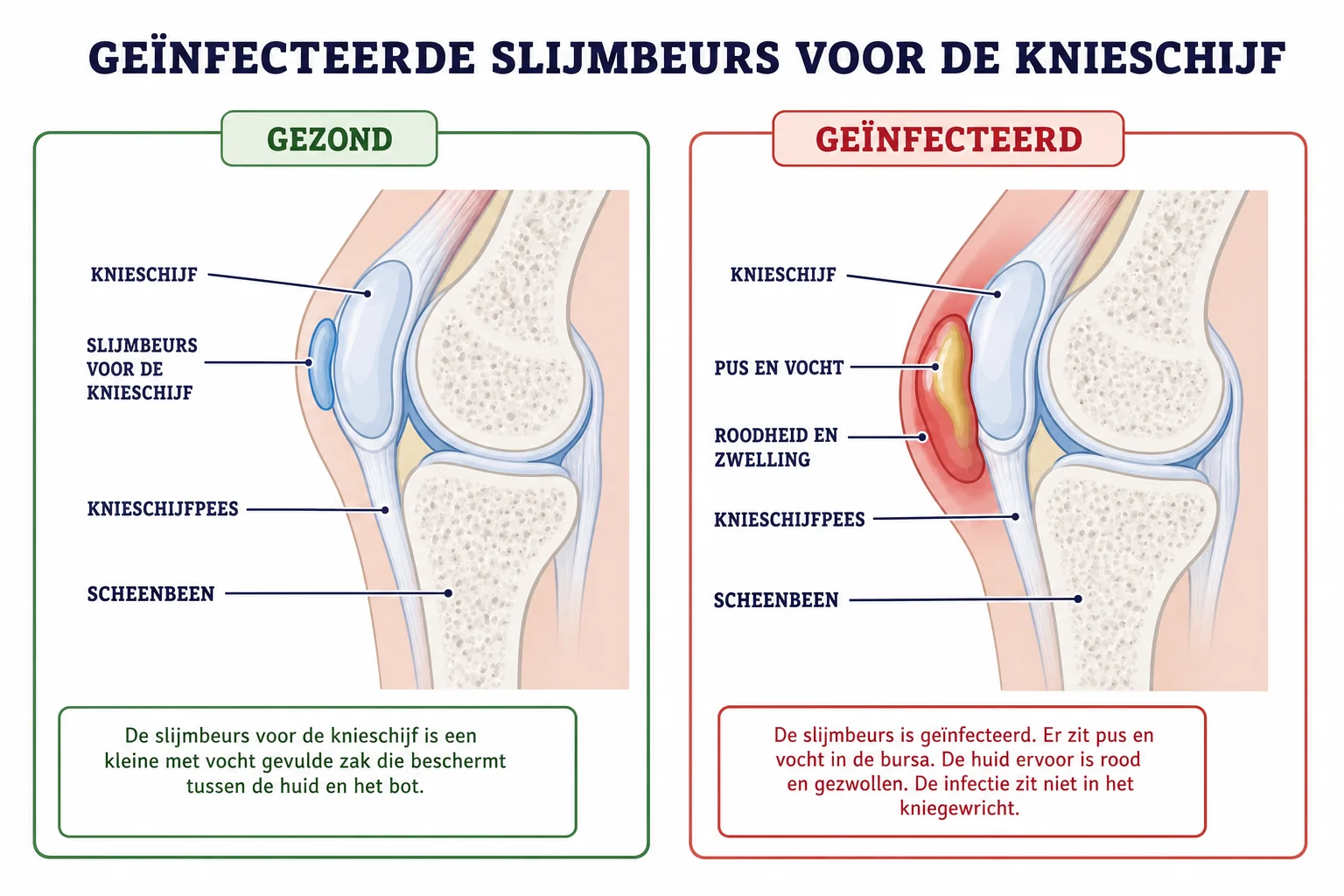 Vergelijking van een gezonde en geïnfecteerde slijmbeurs vóór de knieschijf