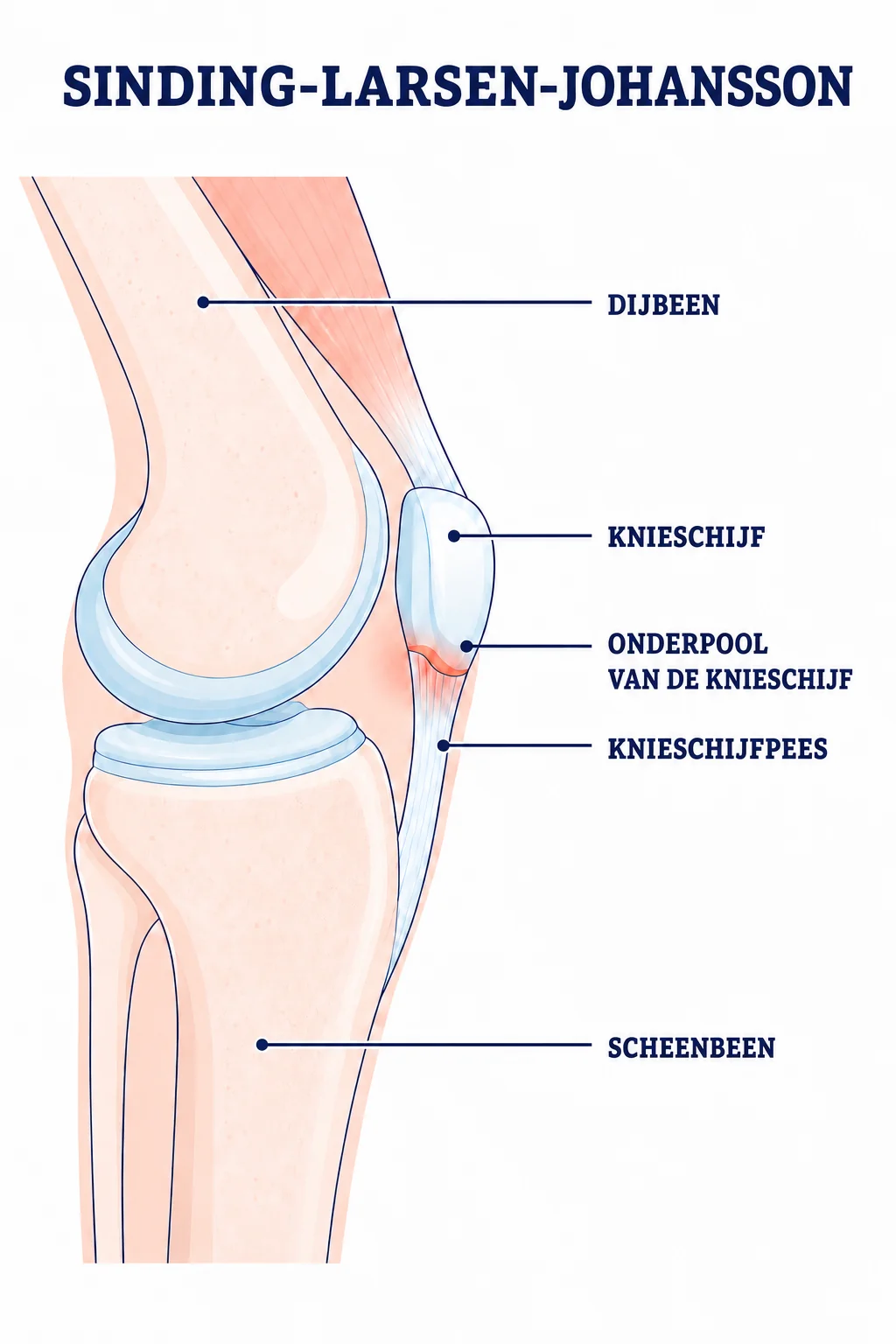 Illustratie van de pijnlijke zone aan de onderpool van de knieschijf