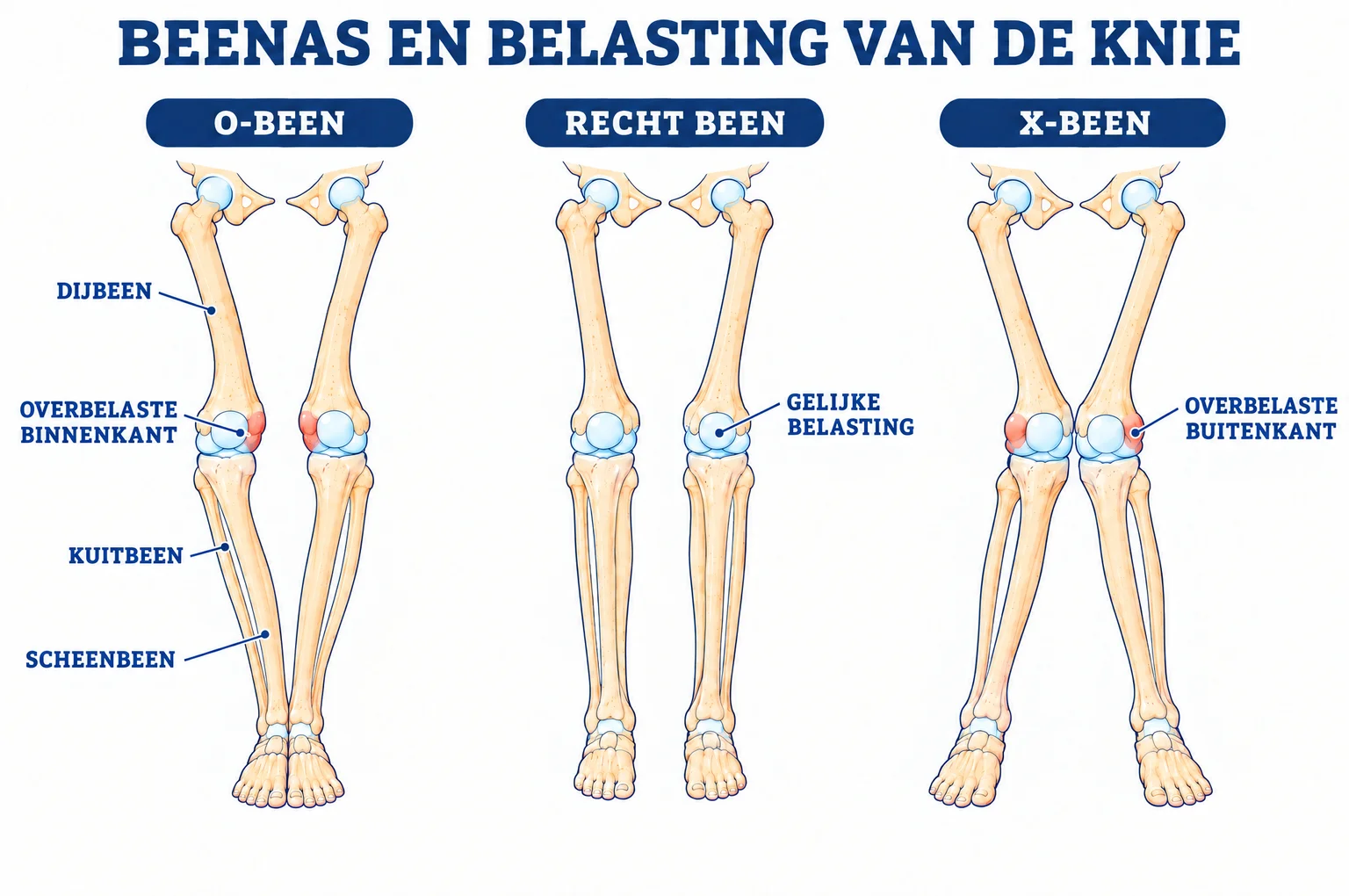 Illustratie van het skelet van O-benen, rechte benen en X-benen, met de overbelaste binnenkant van de knie bij O-benen en de overbelaste buitenkant bij X-benen
